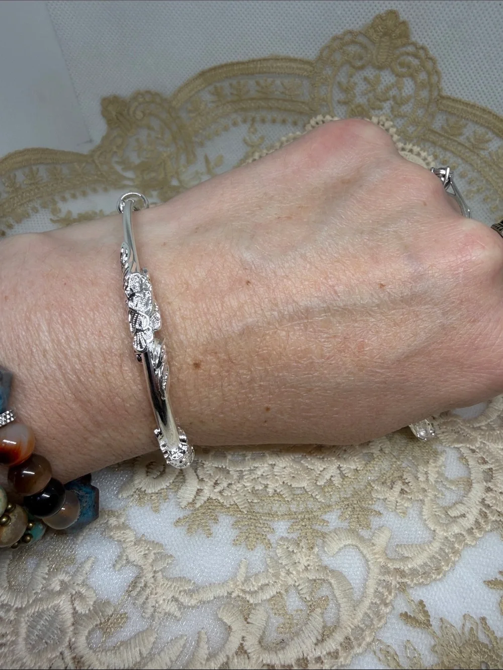 925 Sterling Silver Lace Leaf Adjustable Bangle Bracelet Heirloom French Market